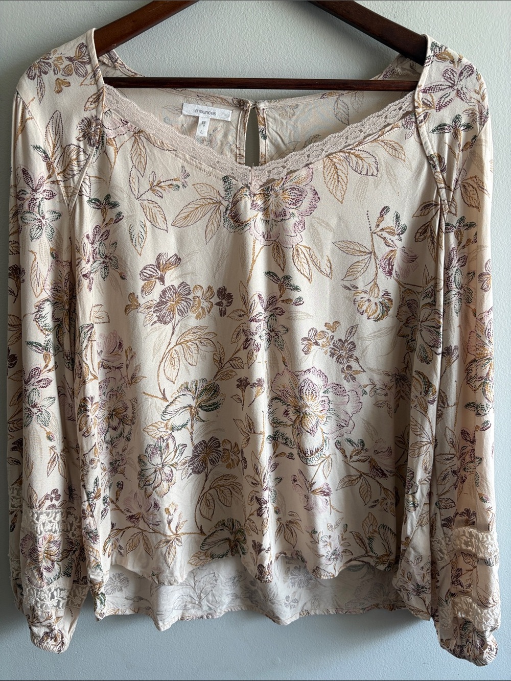Maurices Floral‎ Long Sleeve Lace Trim Boho Top Size L